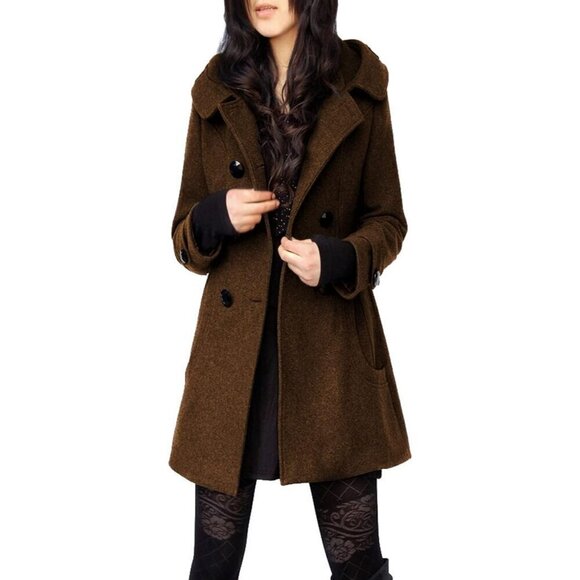 ✨Tanming Wool Pea Coat Trench Coat Women Brown Warm Double Breasted with Hood - Picture 1 of 5